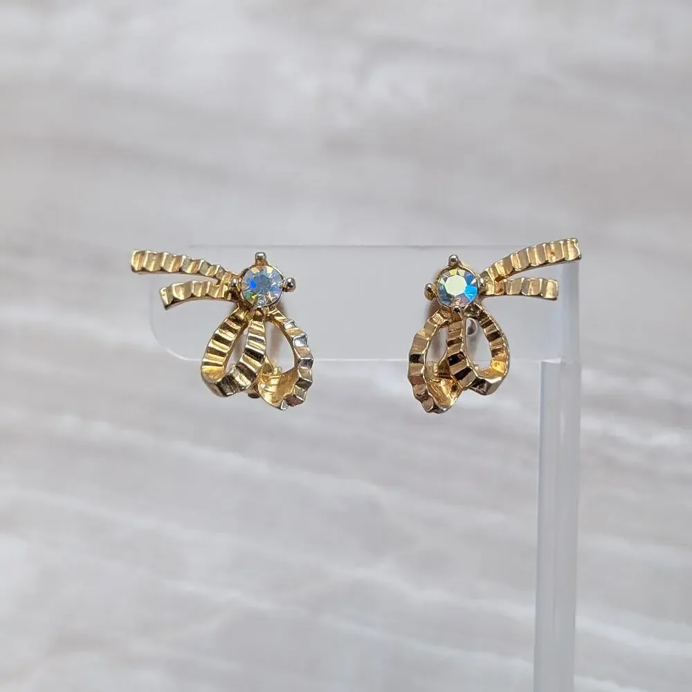 Vintage Clip On Earrings Gold Tone Bow with Aurora Borealis Gem